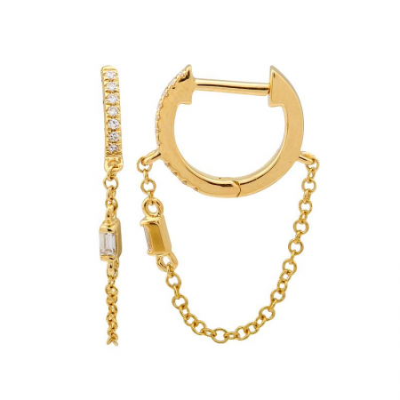 14k Dangling Chain Baguette Huggie Earrings