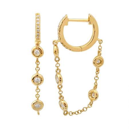 14k Dangling Chain Diamond Bezel Huggie Earrings