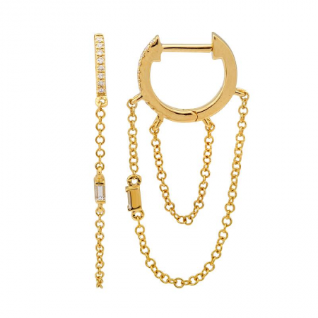 14k Double Dangling Chain Baguette Huggie Earrings