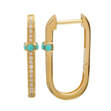 14k Diamond Cut Turquoise Hoop Earrings