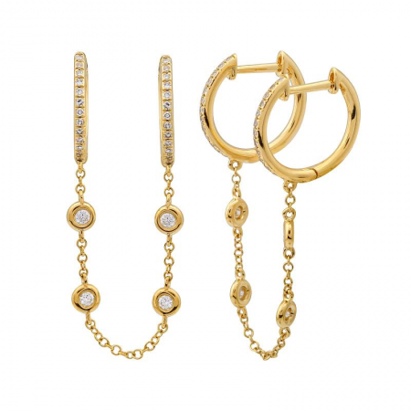 14k Double Huggie Diamond Chain Earrings